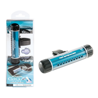 Air Spencer GIGA X clip-on car air freshener in a 'Squash' scent, featuring a cylindrical black dispenser with teal blue accents, next to its transparent packaging with additional refill cartridges