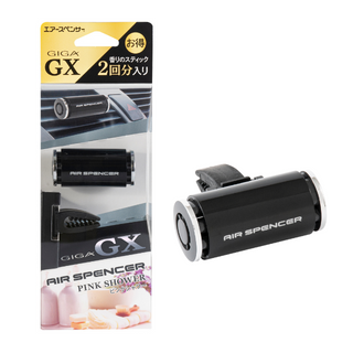 Air Spencer GIGA GX car air freshener in 'Pink Shower' scent, featuring sleek black clip-on casing and packaging that highlights the dual scent cartridge system