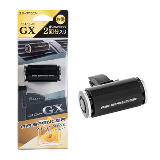 Air Spencer GIGA GX car air freshener in 'Whity Musk' scent, displayed with its distinctive black clip-on holder and dual cartridge system, as shown on the product's packaging