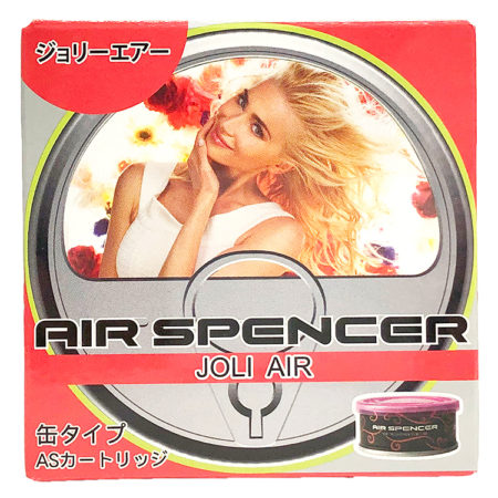 Air Spencer car air freshener in 'Joli Air' scent, featuring packaging with a joyful woman surrounded by vibrant flowers, next to a pink canister.