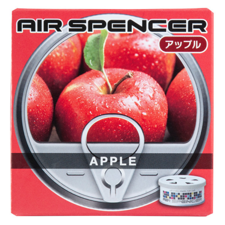 Air Spencer car air freshener with 'Apple' scent, showing packaging with crisp, dewy red apples, accompanied by a canister with a blue grid pattern