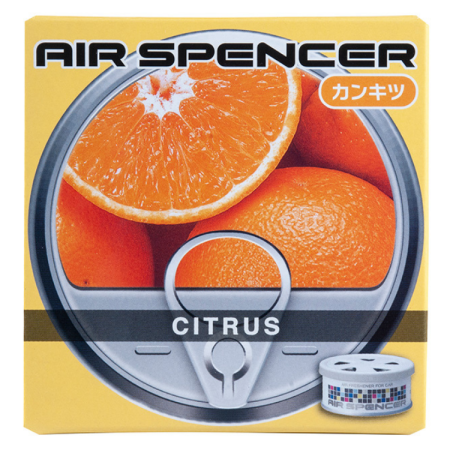 Air Spencer car air freshener packaging with 'Citrus' scent, displaying vibrant orange slices, alongside a compact grey canister with a colorful grid pattern