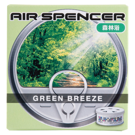 Air Spencer car air freshener packaging for 'Green Breeze' scent, showing a lush forest scene with sun rays filtering through trees, paired with a compact canister featuring a grid design