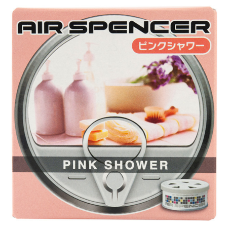 Air Spencer car air freshener in 'Pink Shower' scent, showcasing a calming bathroom ambiance with soft towels and bath products, next to a grey canister with a grid design