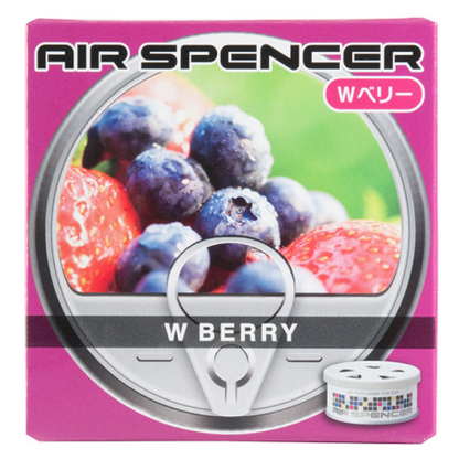 Air Spencer car air freshener packaging with 'W Berry' scent, featuring an image of ripe strawberries and blueberries, accompanied by a compact canister with a monochrome grid pattern.