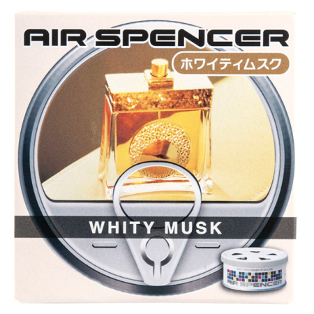 Air Spencer car air freshener packaging with a luxurious gold perfume bottle, branded with 'Whity Musk' scent, alongside a small canister air freshener with a grid design